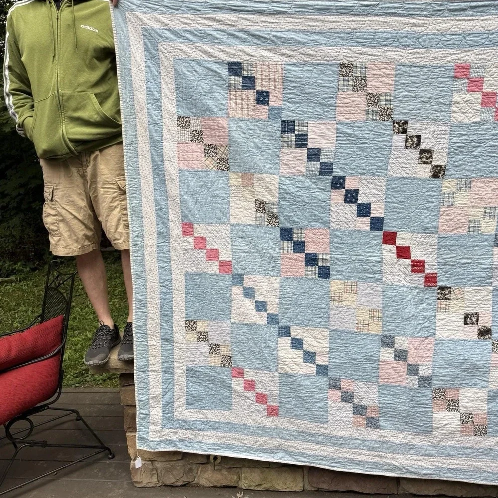 Vintage Hand Quilted Patchwork Quilt Full Blue Pink Cottage Farmhouse Cotton